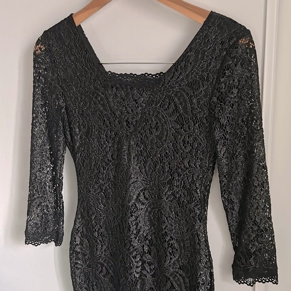 New Candie's Juniors' Black and Silver Foil Lace Special Occasion Column Dress - Picture 3 of 13